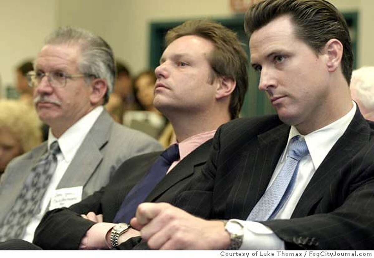 Peter Ragone, center, and Gavin Newsom, right, listen closely May 6, 2005 in Fresno, CA, as they await a decision if San Francisco was chosen for the Stem-Cell headquarters. Courtesy Luke Thomas/FogCityJournal.com