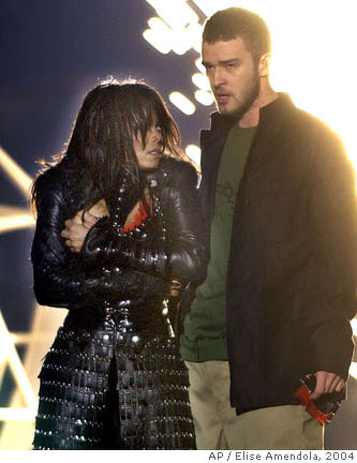 Singer Janet Jackson, left, covers her breast after her outfit came undone during a number with Justin Timberlake during the halftime show of Super Bowl XXXVIII in Houston, Sunday, Feb. 1, 2004. (AP Photo/Elise Amendola) ALSO RAN: 2/3/2004, 09-12-2004 Undone: Janet Jackson and Justin Timberlake are apologizing for what they insist was an accidental exposure of her breast during the halftime show. Taboo Tunes by Peter Blecha, below: false alarms? Taboo Tunes by Peter Blecha, below: false alarms? Ran on: 02-04-2007 TiVos technology found a spike in audience reaction when Justin Timberlake exposed Janet Jacksons breast at a halftime show.