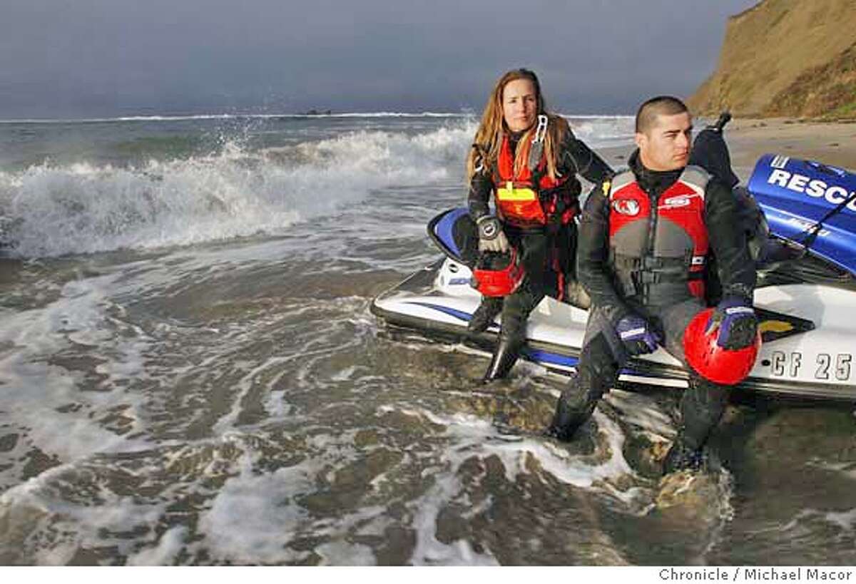 jetski_107_mac.jpg Alladio and Cahill on the edge of the Pillar Point where the surfing competition takes place. Jonathan Cahill and Shawn Alladio, run jet skis during the Marericks Surf Competition, off Pillar Point each year. They were riding jet skis towing surfers out to the break back in 2001 when a 100 foot wave came straight towards them. Unable to outrun the wave they decided to go up and over the hugh swell . Photographed in, San Francisco, Ca, on 1/30/07. Photo by: Michael Macor/ San Francisco Chronicle Mandatory credit for Photographer and San Francisco Chronicle / Magazines Out