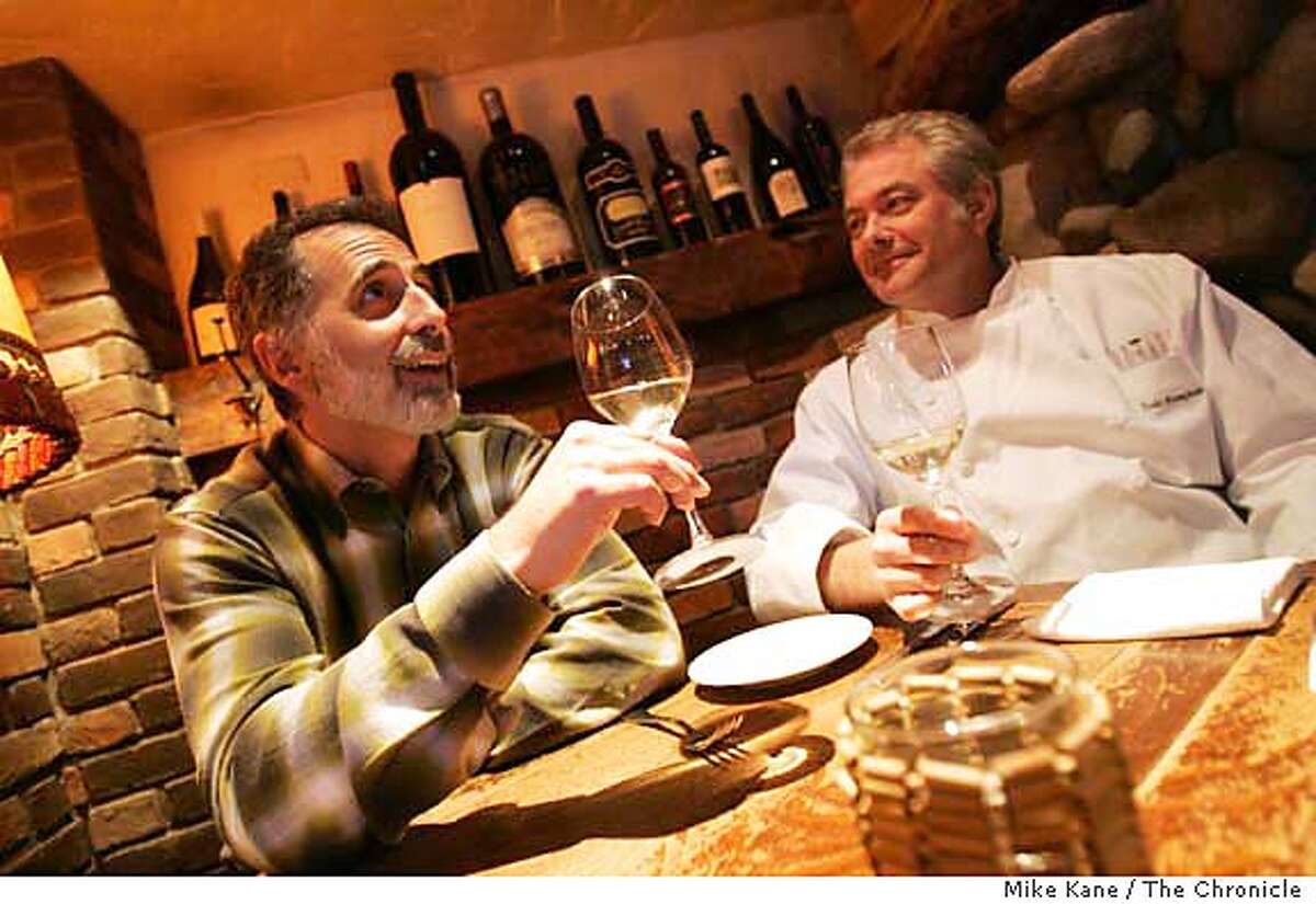 011707_ONTHETOWN_MORGAN0134_MBK.JPG Jeff Morgan, left, and friend Todd Humphries, chef and co-owner of Martini House, share a bottle of a light-bodied white wine at Martini House, one of Morgan's favorite local haunts, in St. Helena, CA, on Wednesday, January, 17, 2007. Morgan is the author of "The Plumpjack Cookbook: Great Meals for Good Living." A Northern California-based author and winemaker, Morgan is also the former West Coast editor of The Wine Spectator and has written "Dean & DeLuca: The Food and Wine Cookbook" and "Rose: A Guide To The World's Most Versatile Wine." photo taken: 1/17/07 Mike Kane / The Chronicle ** Jeff Morgan, Todd Humphries MANDATORY CREDIT FOR PHOTOG AND SF CHRONICLE/ -MAGS OUT