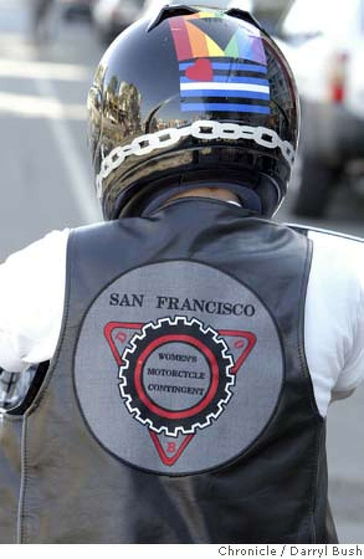 dykexx_130_db.jpg Vick Germany, president of Women's Motorcycle Contingent Dykes on Bikes, vest says, "San Francisco Women's Motorcycle Contingent," in front of the Charles M. Holmes Campus of the LGBT Community Center on Market Street. Event on 7/13/05 in San Francisco. Darryl Bush / The Chronicle MANDATORY CREDIT FOR PHOTOG AND SF CHRONICLE/ -MAGS OUT