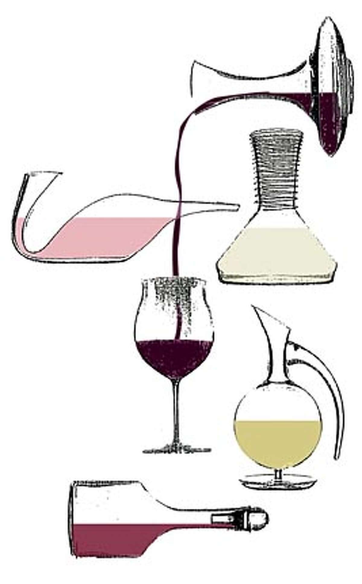 Decanter models from Riedel the Wine Glass Co. include (clockwise from top right) Ultra, Sommeliers, Pomerol, Dominus and Vinum Extreme. Chronicle illustration by Hulda Nelson