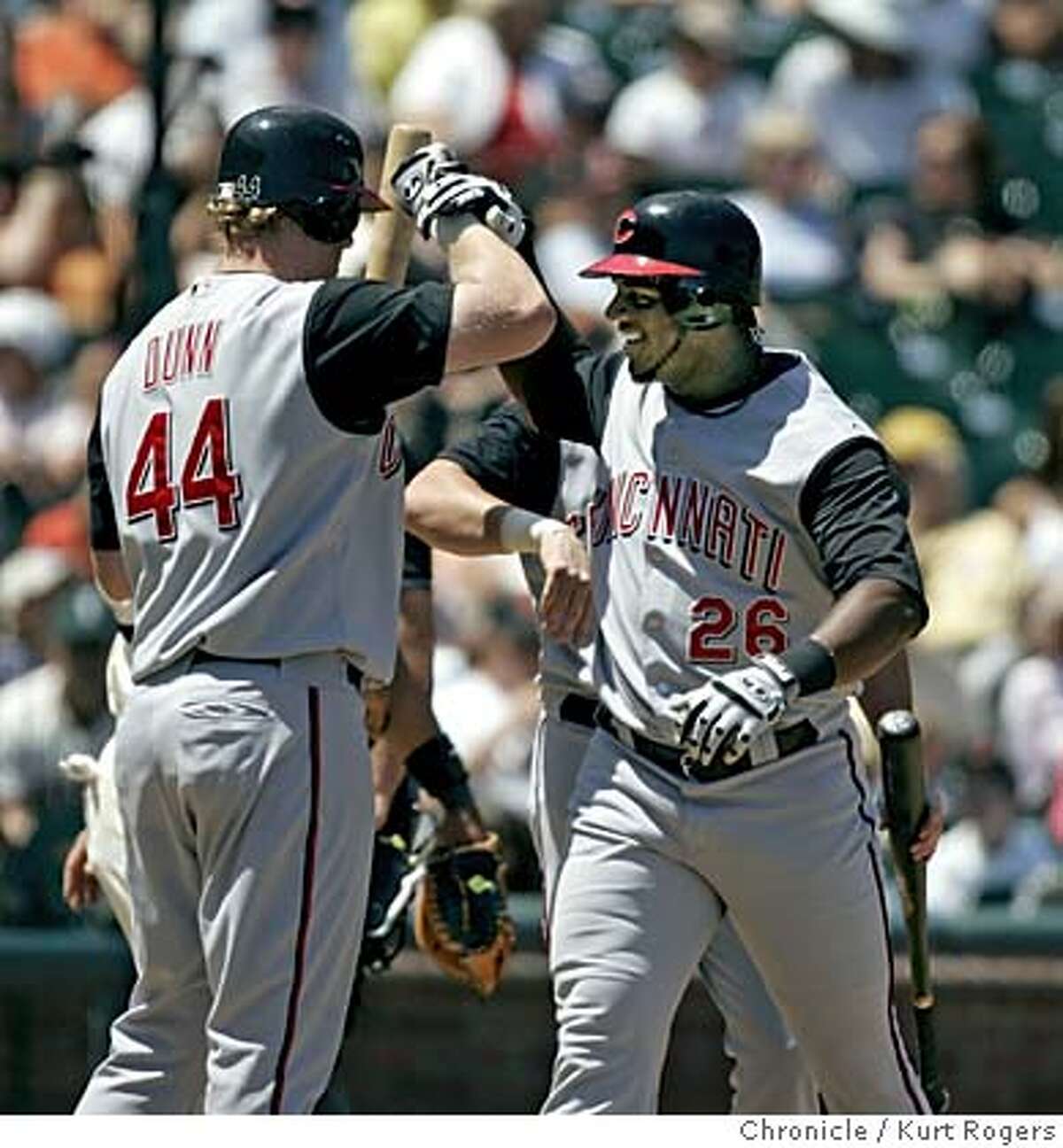 Jason LaRue comes in after his three run homer in the 3rd Cincinnati Reds vs the San Francisco Giants. GIANTS_0229_kr.JPG 7/4/05 in San Francisco,CA. KURT ROGERS/THE CHRONICLE MANDATORY CREDIT FOR PHOTOG AND SF CHRONICLE/ -MAGS OUT