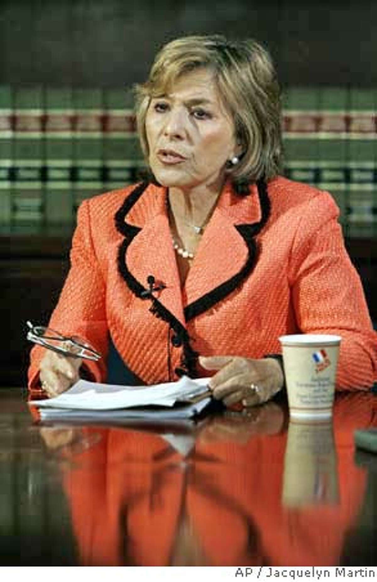 Sen. Barbara Boxer, D-Calif., the incoming chairman of the Senate Environment Committee, takes part in an interview with The Associated Press in Washington, Tuesday, Dec. 5, 2006. (AP Photo /Jacquelyn Martin)