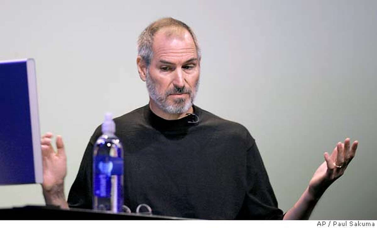 Apple Computer CEO Steve Jobs gestures during his keynote at Apple Worldwide Developer Conference in San Francisco, Monday, Aug. 7, 2006. Apple Computer on Friday reiterated that its mishandling of past employee stock options will cause it to miss a regulatory deadline for filing its latest quarterly results as the iconic maker of iPod music players and Macintosh computers digs into its accounting troubles. (AP Photo/Paul Sakuma) Ran on: 08-27-2006 Apple Computer CEO Steve Jobs received one stock-option grant that is now being reviewed by the Cupertino company.