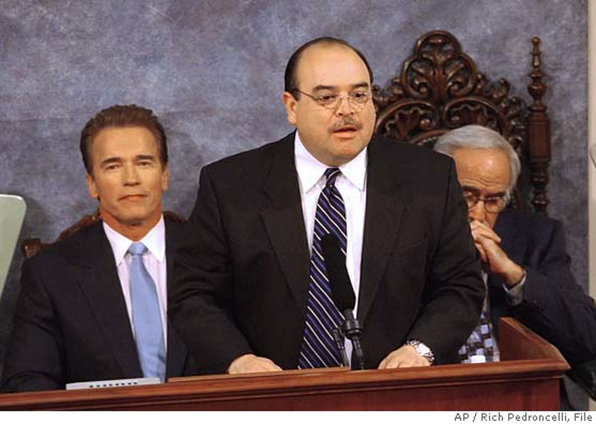 The California Fair Political Practices Commission announced, they had filed suit, Wednesday, Jan. 7, 2004, against Lt. Gov. Cruz Bustamante, center, for taking campaign funds above the legal limit during last years recall election. The suit alleges that Bustamante, seen introducing Gov. Arnold Schwarzenegger, left, during Tuesday's State of the State Address, took $3.8 million above the state's legal campaign limits from Indian tribes during the recall race against Schwarzenegger and other candidates. Bustamante could face a maximum potential fine of $9 million. Also seen is State Sen. President Pro Tem John Burton, D-San Francisco, right. (AP Photo/Rich Pedroncelli) Lt. Gov. Cruz Bustamantes campaign committees exceeded the legal ceiling for individual contributions, the state suit claims. ProductNameChronicle ALSO RAN 4/14/2004 Lt. Gov. Cruz Bustamante Lt. Gov. Cruz Bustamante ProductNameChronicle A TUESDAY JAN. 6 2004 PHOTO