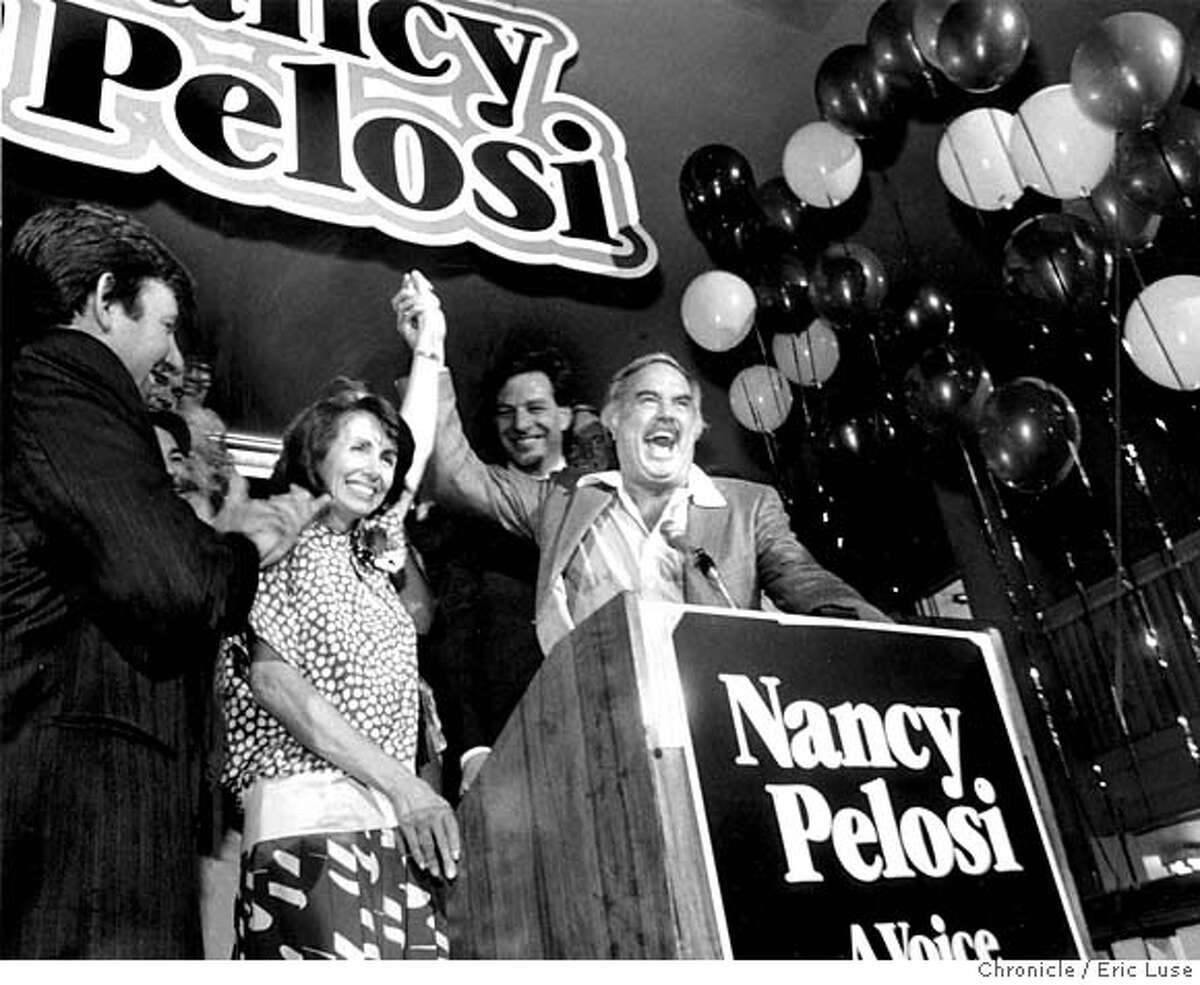 PERLOSI-B-08OCT01-MT-EL Nancy Pelosi and John Burton on victory night at Pelosi headquarters, her husband Paul is in the middle. CAT
