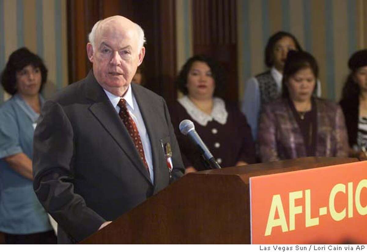 John Sweeney, president of the American Federation of Labor and Congress of Industrial Organizations, speaks during a news conference at the Paris hotel-casino in Las Vegas Tuesday, Dec. 4, 2001. Sweeney said the survival of labor unions in America hinges on the ability of leaders to reverse years of declining membership. (AP Photo/Las Vegas Sun, Lori Cain) DIGITAL IMAGE REVIEW JOURNAL OUT -NVLAS