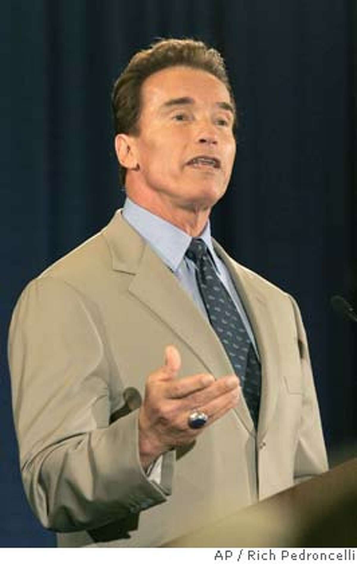 Gov. Arnold Schwarzenegger announces that he wants to restore $1.3 billion in funding to transporation, while speaking before the League of California Cities, in Sacramento, Calif., Wednesday, May 11, 2005. Saying the Calfornia economy has improved significantly in recent months, Schwarzenegger said he would be able to reverse plans made in January to transfer gas tax money to pay for other programs.(AP Photo/Rich Pedroncelli) Ran on: 05-29-2005 Schwarz- enegger Ran on: 05-29-2005 Schwarz- enegger