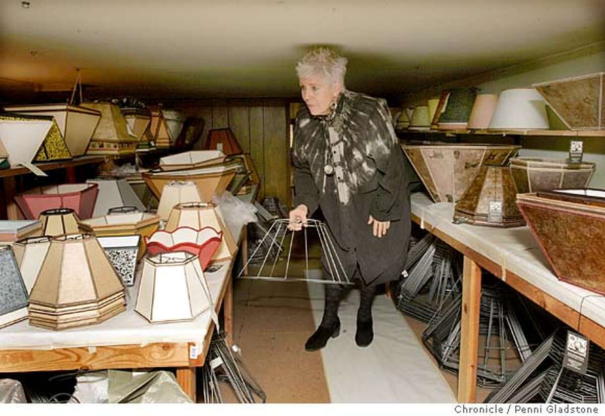 LAMPS002PG.JPG Sue in one of her various storage areas in the shop. She has to stoop on this level. Sue Johnson creates lamps in her shop on Solano Ave. Photo taken by Penni Gladstone/The San Francisco Chronicle Photo taken on 11/23/04, in Berkeley, CA.
