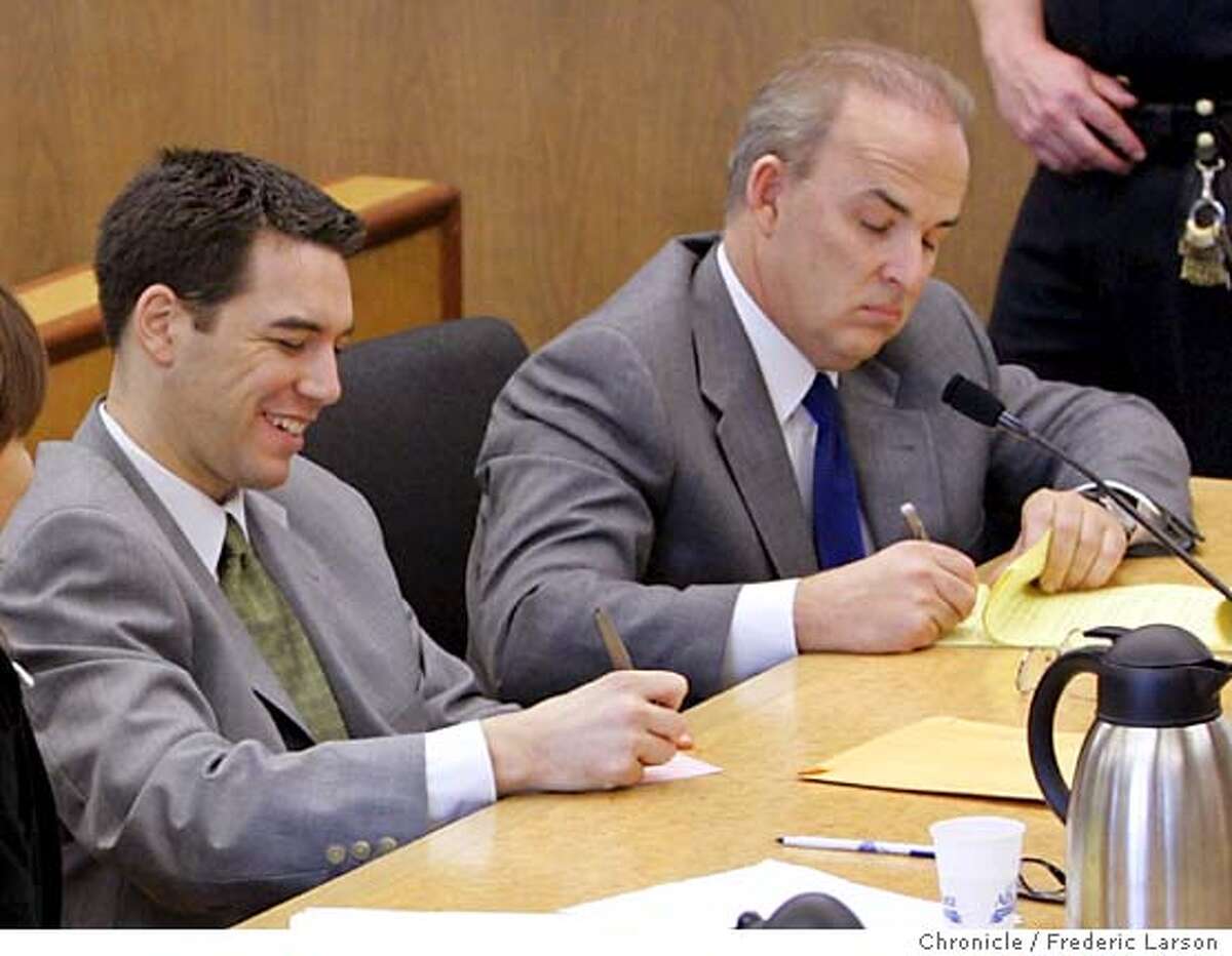 Scott Peterson is seen during defense closing arguments in the penalty phase of his murder trial at the courthouse in Redwood City, Calif., Thursday, Dec. 9, 2004. Peterson was convicted of two counts of murder in the deaths of his wife and their unborn child. Seen at right is defense attorney Pat Harris. (AP Photo/Fred Larson, pool )