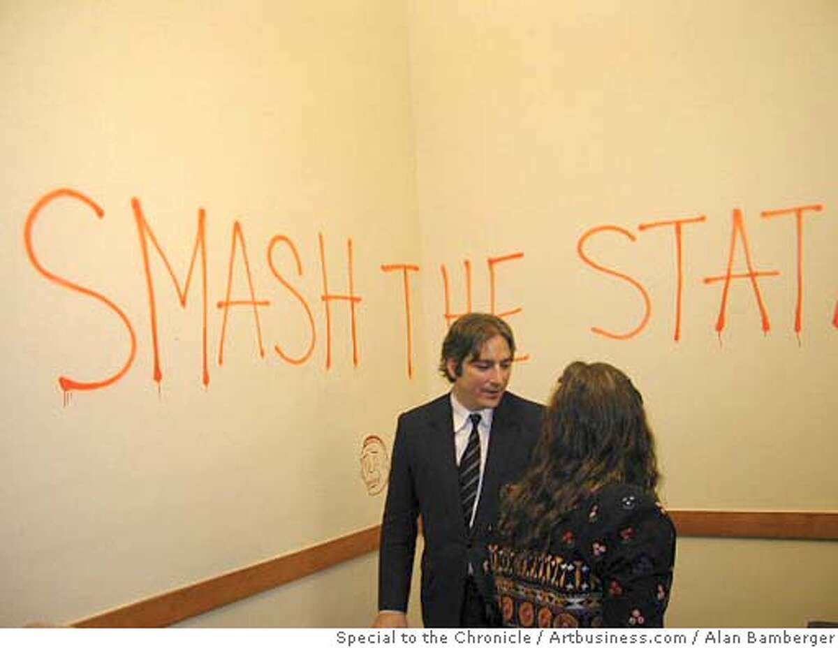 San Francisco supervisor Matt Gonzalez attends an opening in his City Hall office. Artist Barry McGee created the piece behind Gonzalez. MUST CREDIT: ALAN BAMBERGER /ARTBUSINESS.COM/SPECIAL TO THE CHRONICLE