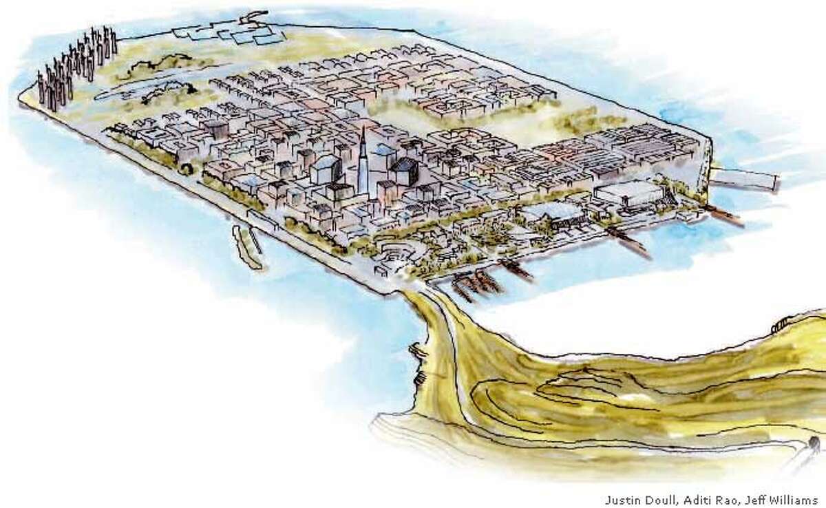 Vision of an urban island: A plan crafted by UC Berkeley students shows a cluster of windmills on the island. Illustration by Justin Doull, Aditi Rao and Jeff Williams