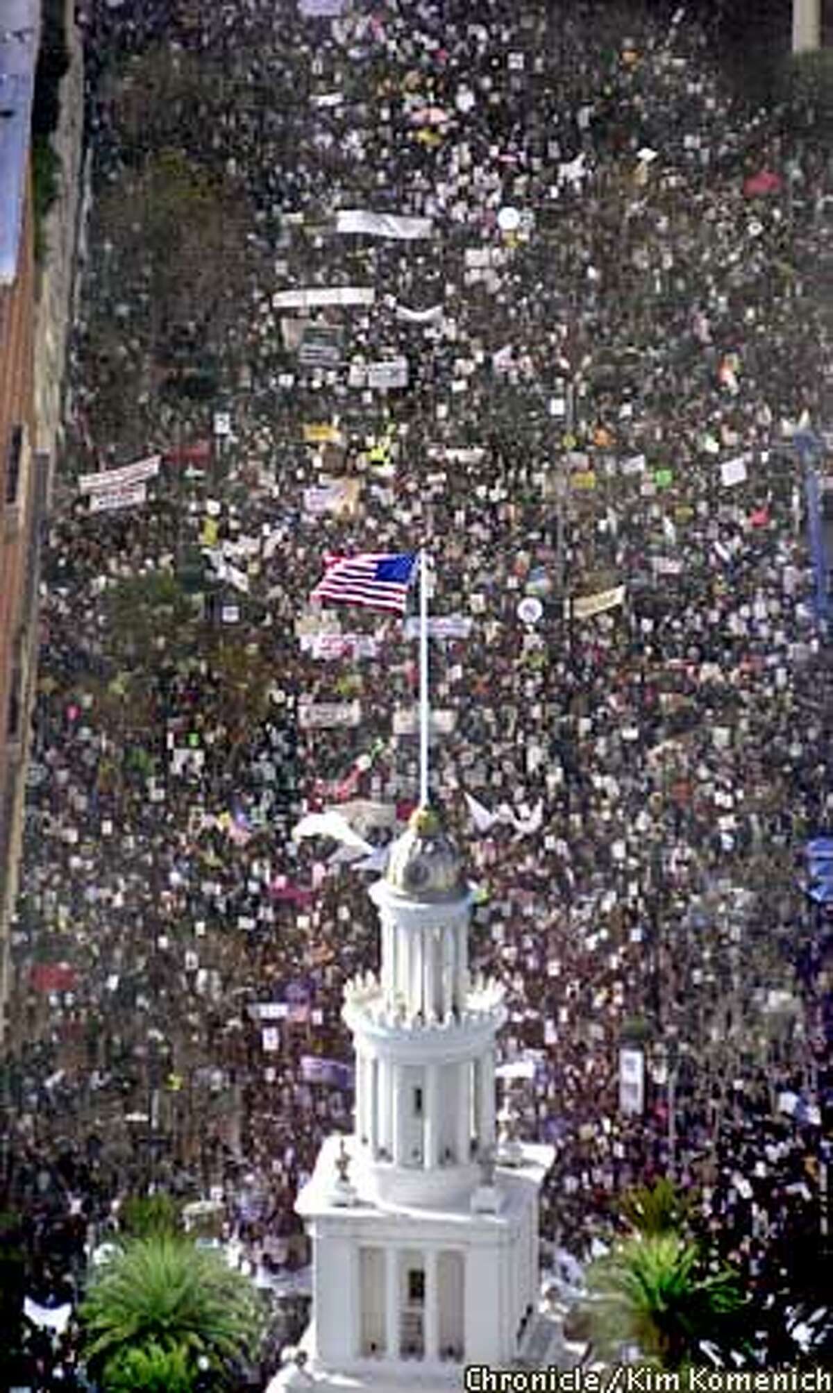 Aerial photos of tens of thousands of anti-war demonstrators as they march from Justin Herman Plaza to the S.F. Civic Center to protest the U.S. policy on Iraq (and a few other things). CHRONICLE PHOTO BY KIM KOMENICH