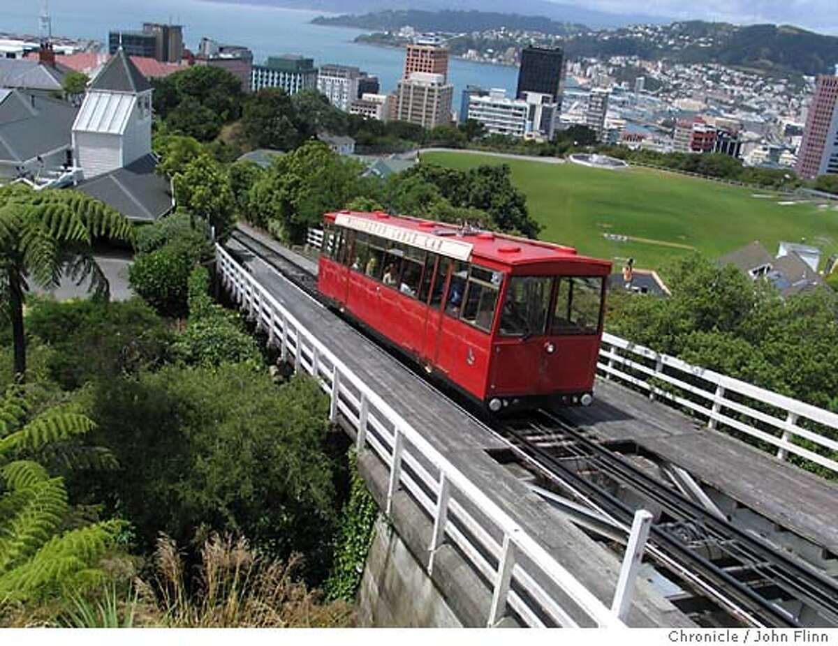TRAVEL WELLINGTON -- Wellington's famous "cable car" actually a funicular -- climbs to the hilltop Botanical Gardens. Credit: John Flinn