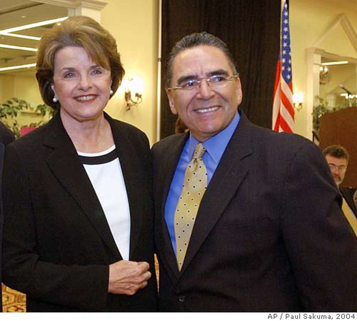 U.S. Sen. Dianne Feinstein, D-Calif., left, smiles with San Jose Mayor Ron Gonzales, right, during a meeting with Silicon Valley business leaders in San Jose, Calif., Wednesday, April 14, 2004 to discuss the flagging local economy, offshore outsourcing of jobs, tax issues and Internet access programs affecting the technology industry. Feinstein also talked about the latest developments in Iraq, the Sept. 11 Commission hearings and the growing federal deficit. (AP Photo/Paul Sakuma) San Jose Mayor Ron Gonzales is urging Washington to keep the BART project on track. ALSO RAN: 07/07/2004 Ran on: 10-10-2004 Dianne Feinstein and Barbara Boxer, right, are powerful U.S. senators from California. Ran on: 10-13-2004 Ron Gonzales Ran on: 01-19-2005 Mayors Gavin Newsom of San Francisco (left) and Ron Gonzales of San Jose and the cities they represent receive $24.4 million and $12.1 million, respectively, in the threatened federal block grant funds. Ran on: 01-19-2005 Mayors Gavin Newsom of San Francisco (left) and Ron Gonzales of San Jose and the cities they represent receive $24.4 million and $12.1 million, respectively, in the threatened federal block grant funds. Ran on: 02-10-2005 San Jose Mayor Ron Gonzales delivered an upbeat State of the City speech. Nation#MainNews#Chronicle#6/8/2004#ALL#5star##0421718306