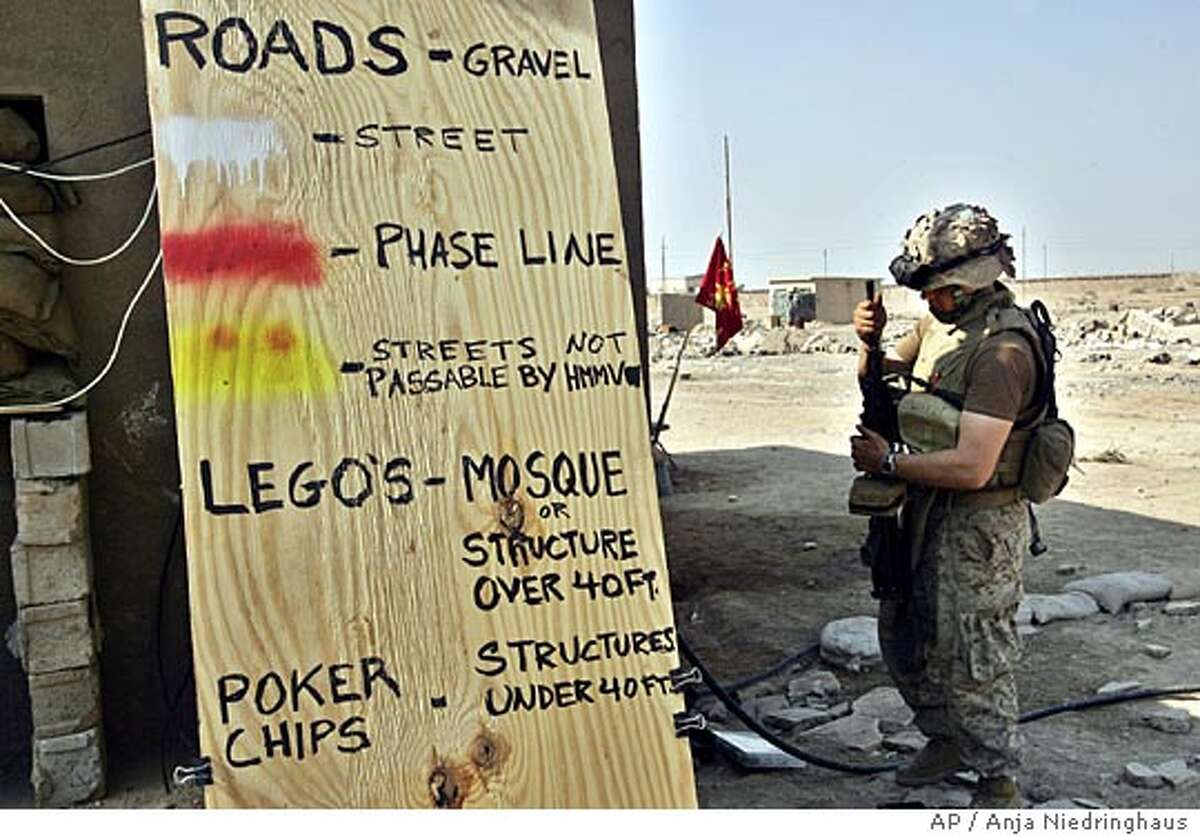 A legend for a city map of Fallujah, made out of gravels and Lego stones, is on display for training purpose at a base outside Fallujah, Iraq, Friday, Nov. 5 , 2004. More than 10,000 U.S. troops have taken positions around rebel-controlled Fallujah, bolstering the U.S. Marine units expected to lead a joint Army-Marine assault on the city. (AP Photo/Anja Niedringhaus)