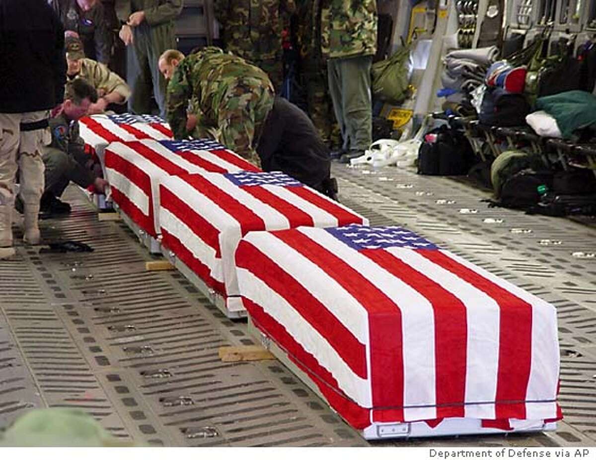 In this photo released by the Department of Defense on Thursday, April 28, 2005, in response to a Freedom of Information Act request, soldiers drape U.S. flags over the caskets of members of a Black Hawk helicopter crew prior to off-loading at Ramstein Air Force Base, Germany. The Black Hawk, part of the 158th Aviation Regiment, 5th Battalion, 12th Aviation Brigade, Giebelstadt, Germany, crashed during a night training mission in Kuwait, killing all four crewmembers. (AP Photo/Department of Defense)