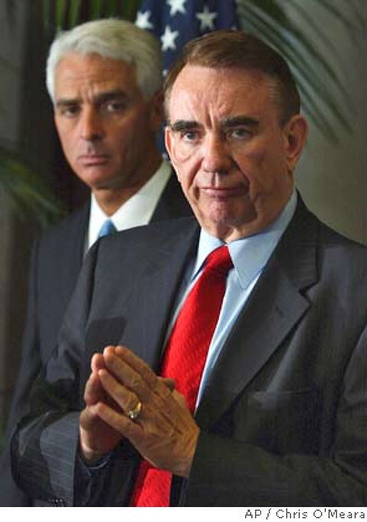 U.S. Dept. of Health and Human Services Secretary Tommy Thompson, right, gestures as he stand with Florida Attorney General Charlie Crist during a news conference Monday morning Oct. 18, 2004 in Tampa, Fla. Thompson was with Crist to announce that the Department will join the state of Florida in a case involving excessive markups of the flu vaccine. (AP Photo/Chris O'Meara)
