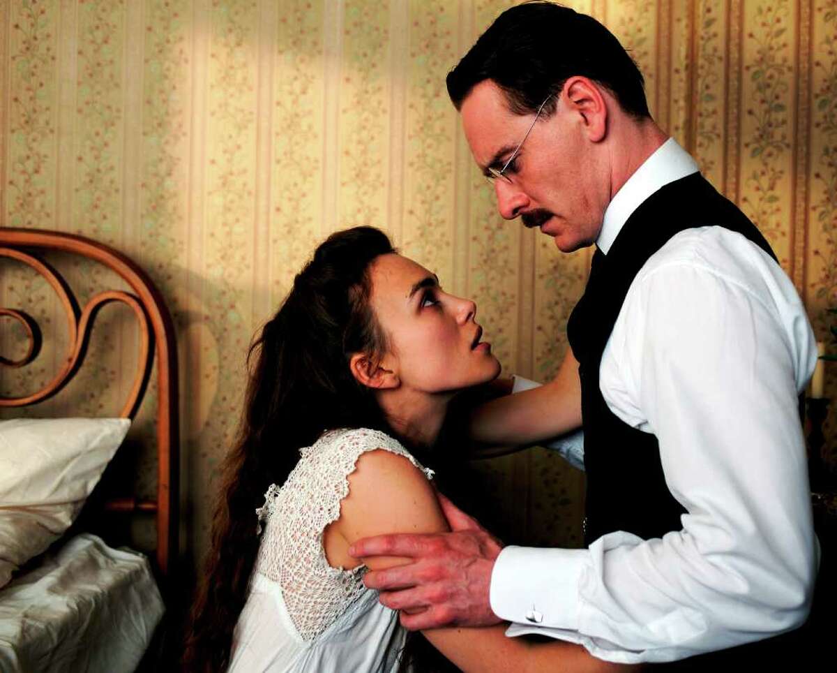 Keira Knightley (as Sabina Spielrein) and Michael Fassbender (playing Carl Jung)  star in  "A Dangerous Method."