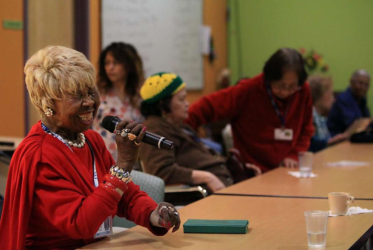 Helen Peppers, 85, of Oakland speaks to others in the Day Room as the share memories of their happiest moment at the Center for Elders' Independence Josie Barrow PACE Center on Tuesday, January 10, 2012 in Oakland, Calif.