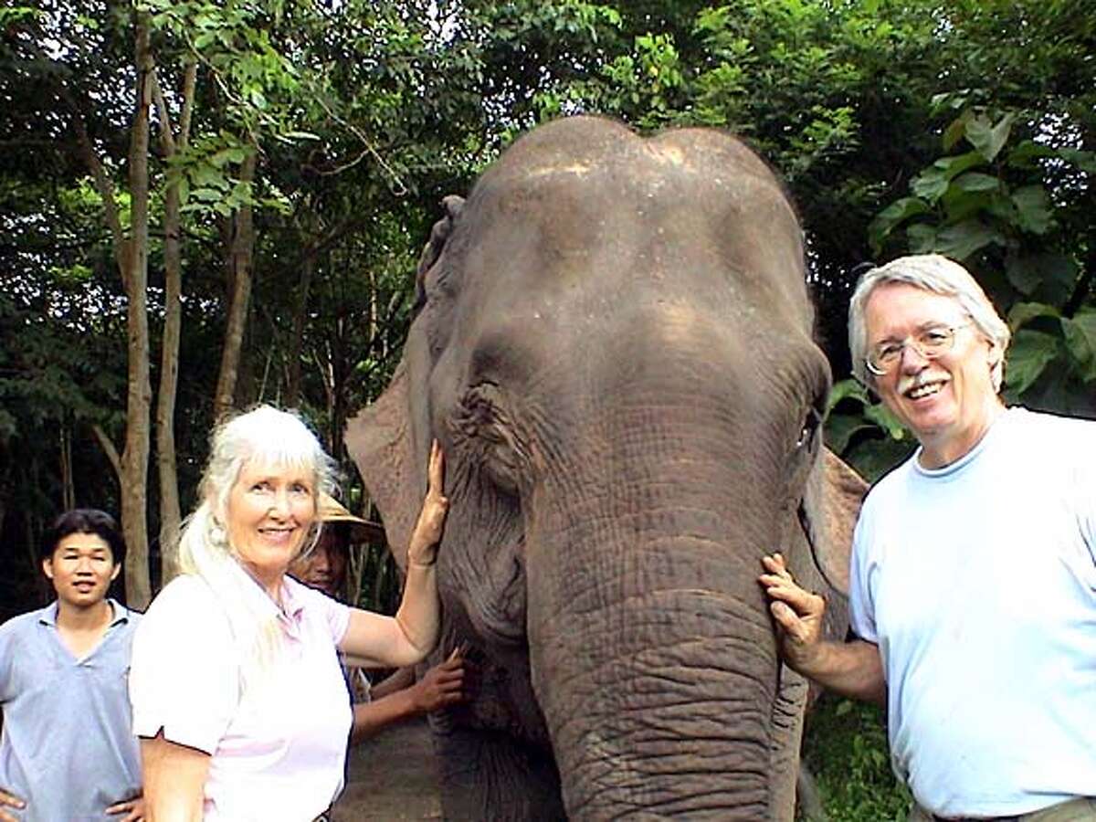 Amanda de Normanville and Gary Soden with Jokia, an elephant they bought in 2002 and who now lives�on a sanctuary.