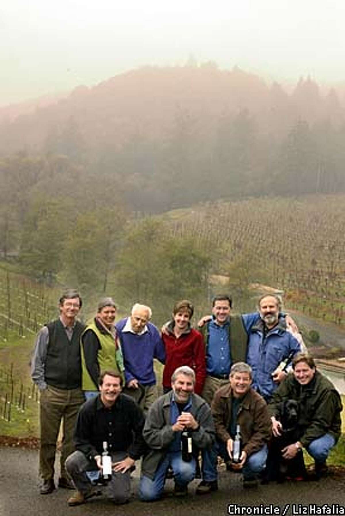 Diamond Mountain vintners meet at the fog-shrouded hillside of Diamond Creek Vineyards in Calistoga. They include (back row, left to right) Bill Dyer, Dawnine Dyer, owners of Dyer Vineyards; Al Brounstein, owner of Diamond Creek Vineyards; Maureen Taylor, co-owner of Diamond Terrace; Rudy von strasser, owner of von Strasser Winery; and Phil Steinschriber, winemaker at Diamond Creek Vineyards. Bottom row, left to right: Peter Thompson, owner of Andrew Geoffrey Vineyards; Gerard Zanzonico, winemaker at Stonegate Winery; Hal Taylor, co-owner of Diamond Terrace; and Rob Hunter, winemaker at Sterling Vineyards. Chronicle photo by Liz Hafalia