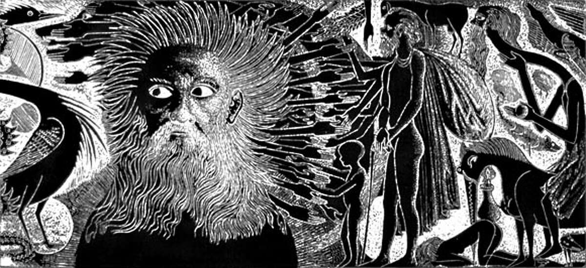 Mustafa Al Hallaj "Self-Portrait as God, the Devil, and Man", 2000, Masonite- cut print, 8 rows, each 14" x 37'