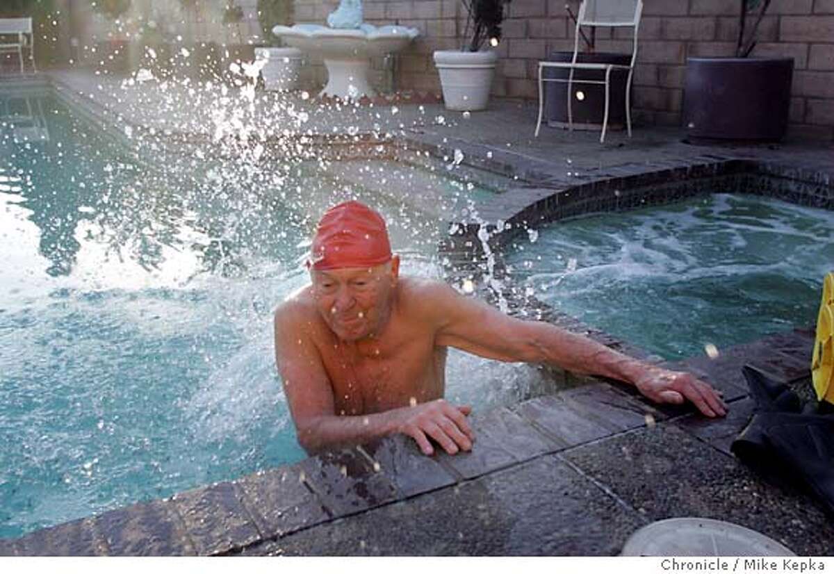 Jack Lalanne slips out of the hot tub and into his custom made pool. Fitness innovator, Jack Lalanne, who was a house hold name in druing the height of his TV show days in the 1950s, is turning 90 this Sunday. MIKE KEPKA/The Chronicle