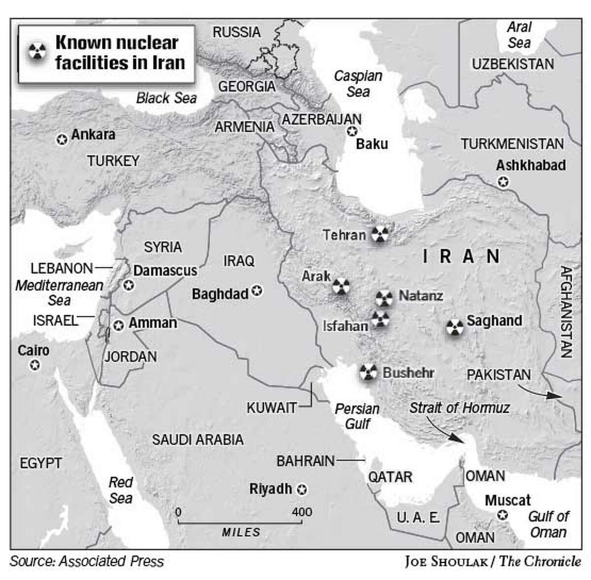 Known Nuclear Facilities in Iran. Chronicle graphic by Joe Shoulak