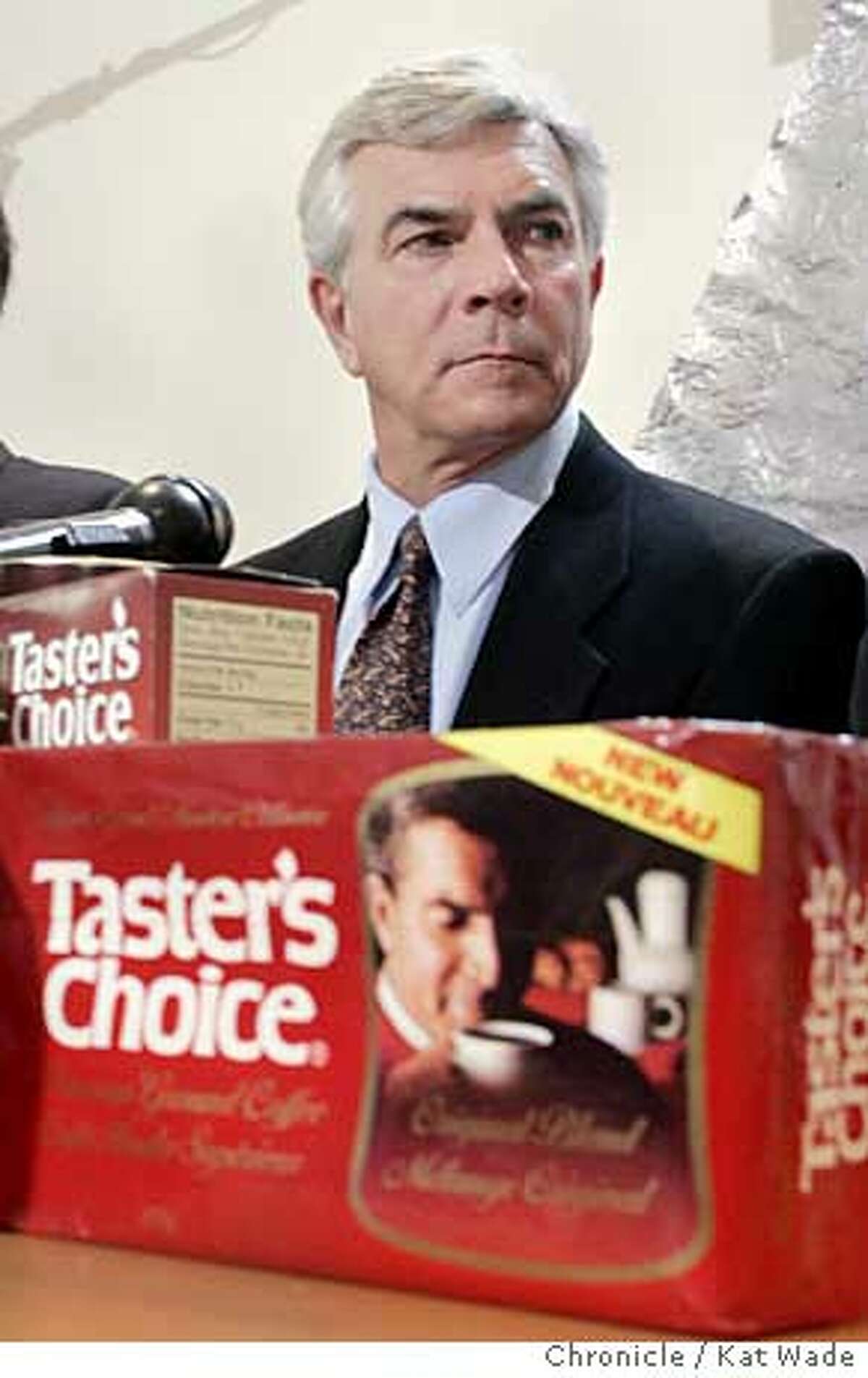 MILLIONAIRE_053_KW.jpg On 2/1/05 in San Francisco Antioch kindergarten teacher and former actor/model Russell Christoff who was recently awarded $15.6 million dollars when a Los Angeles jury ruled the Nestle USA used his likeness-taken during a 1986 photo shoot-without permission and profited from it, holds a press conference with his lawyer Colin C. Claxon. The brick of canadian Taster's choice coffee was the original purpose of the photo which then ended up on jars of Nestle USA coffee sold in several countries. Kat Wade / The Chronicle MANDATORY CREDIT FOR PHOTOG AND SF CHRONICLE/ -MAGS OUT Ran on: 02-02-2005 Russell Christoff posed for Nestles in 1986. His image was used in the companys global advertising of its Tasters Choice instant coffee, which is not his choice for a good cup of Joe. Ran on: 02-02-2005 Russell Christoff posed for Nestles in 1986. His image was used in the companys global advertising of its Tasters Choice instant coffee, which is not his choice for a good cup of Joe.