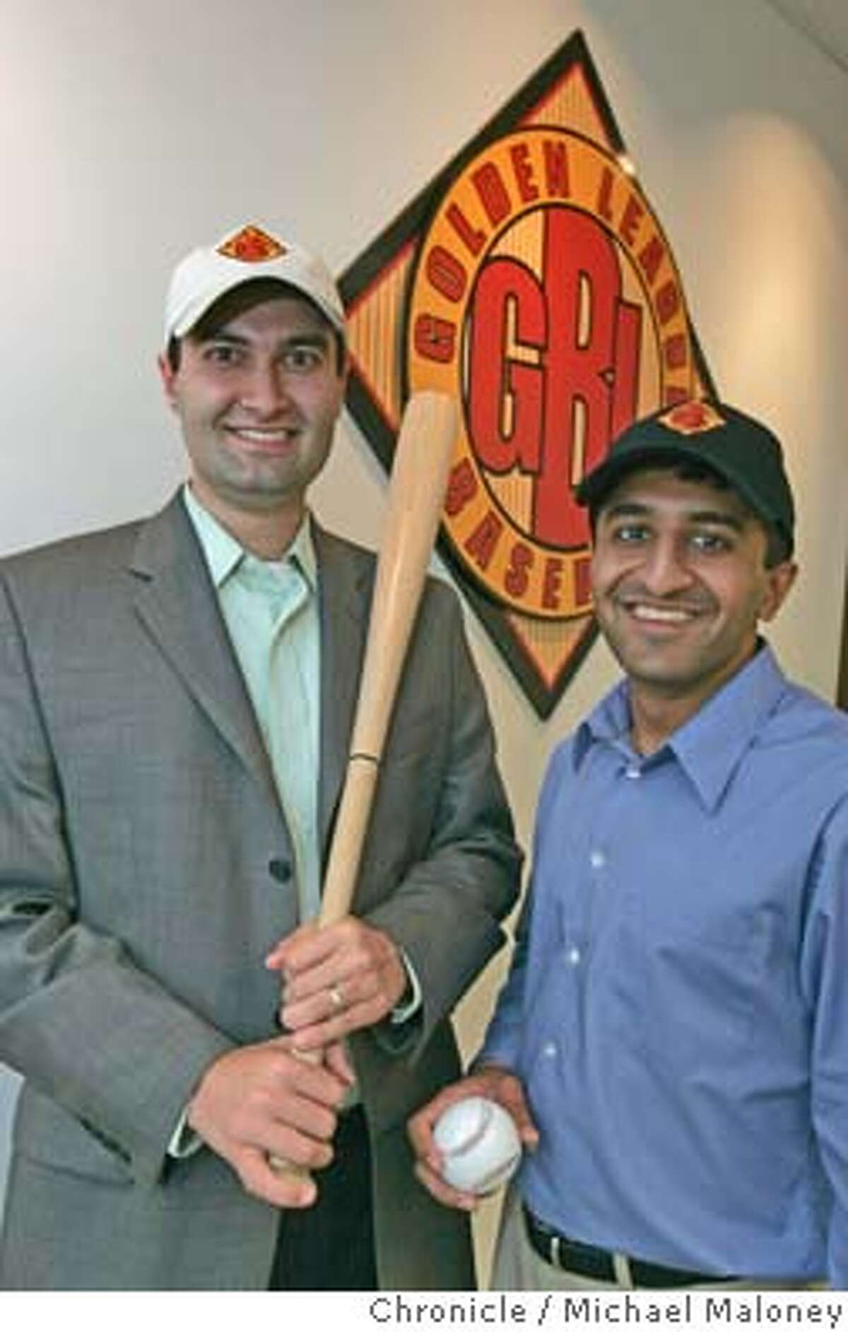 At left, David Kaval, Founder & CEO, right, Amit Patel, Founder and President of the new Pleasanton based Golden League. The Golden League is a new professional baseball league at the class-A level. The League will play a 90 game season in California and western Arizona starting in June 2005. Photo by Michael Maloney / San Francisco Chronicle