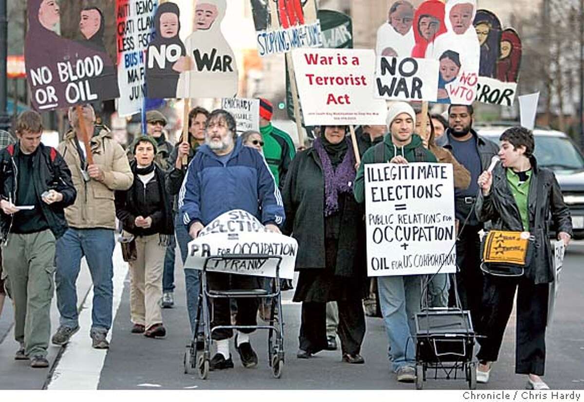 012705_iraq31local_ch_079.jpg Demonstration, vigil and procession down Market ST in protest of the elections in Iraq. Speakers at the Democracy Not Empire event included Nadia McCaffrey, the mother of slain Army Specialist Patrick McCaffrey, of Tracy, and Aidan Delgado, an Iraqi war veteran who helped run the Abu Ghraib prison. San Francisco 1/30/05 Chris Hardy / San Francisco Chronicle