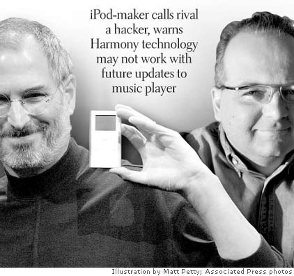Apple CEO Steve Jobs, left. with his company�s iPod Mini. Right, digital music rival RealNetworks� CEO Rob Glaser. Chronicle illustration by Matt Petty; Associated Press photos