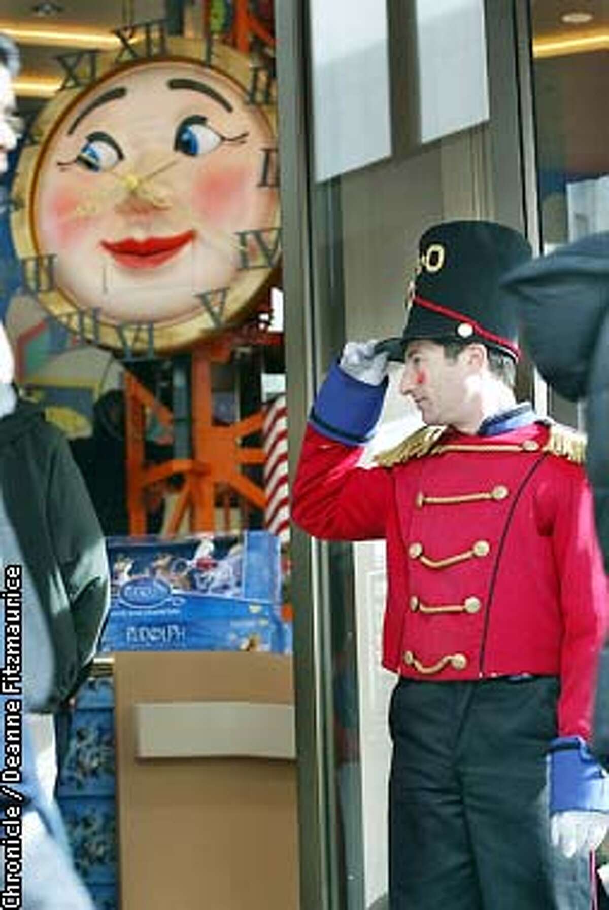 FAO Schwarz toy store at Union Square may be closing. Adam Kamil, dressed as a toy soldier greets shoppers at the entrance to the store. CHRONICLE PHOTO BY DEANNE FITZMAURICE