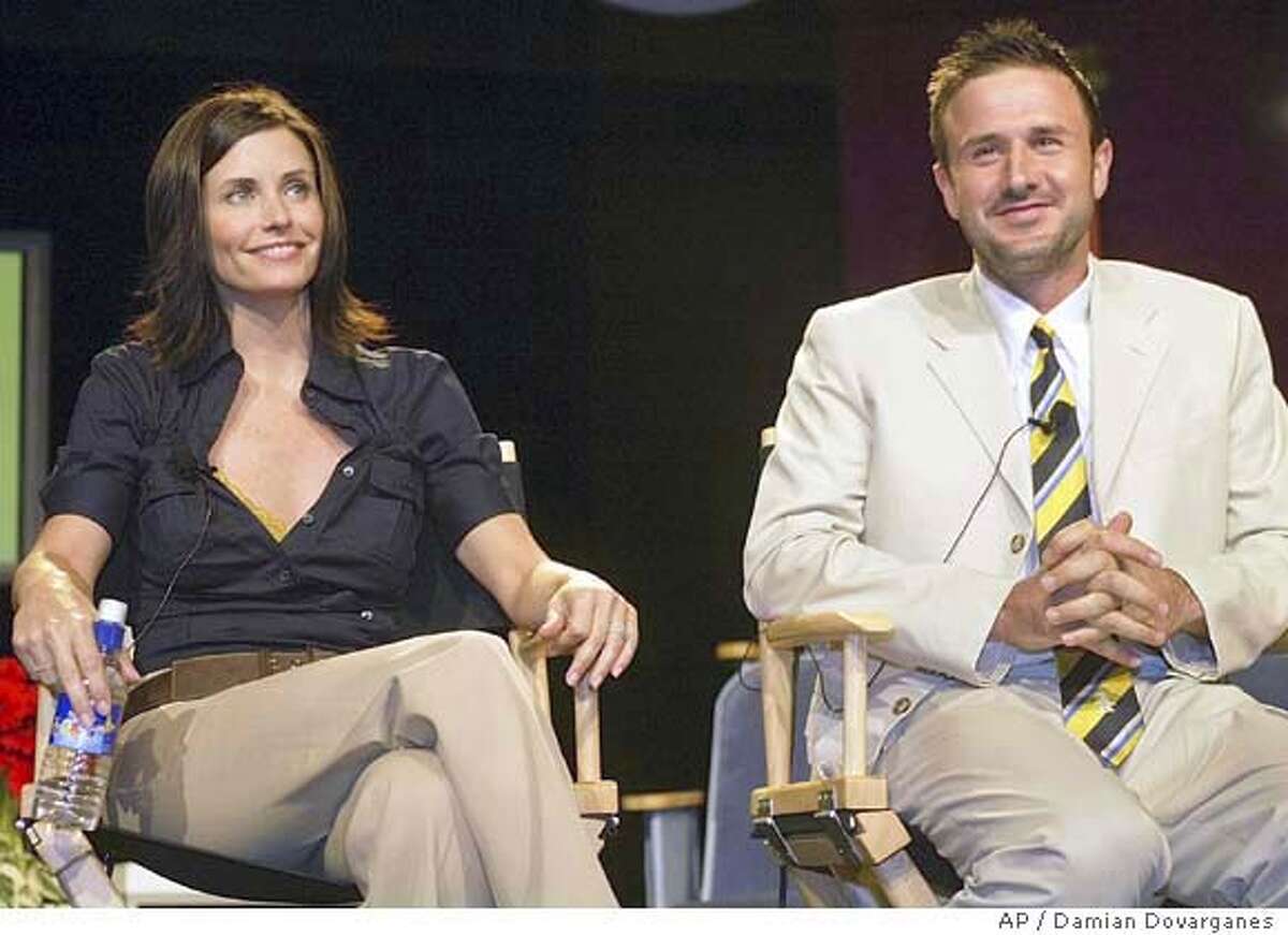 Courteney Cox and husband David Arquette take questions from the media Tuesday, July 8, 2003, during the presentation of Women's Entertainment new show "Mix it Up," at a hotel in the Hollywood area of Los Angeles. Cox and Arquette are creators and executive producers of this new home-themed series, which is inspired by their own decorating dilemmas. (AP Photo/Damian Dovarganes)