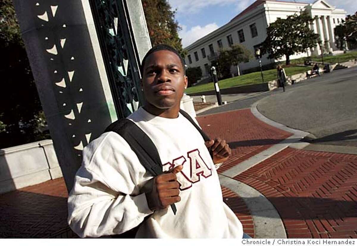 affirmative015_ckh.jpg Picture of Obi Amajoyi, a Berkeley student, on campus. Its for a story on black students at Berkeley and other universities.U.C. Berkley fourth year student Obi Amajoyi is a perfect example of what educators and politicians from Sacramento to Washington D.C. want when debating the need to get more African Americans into top universities. .CHRISTINA KOCI HERNANDEZ/CHRONICLE