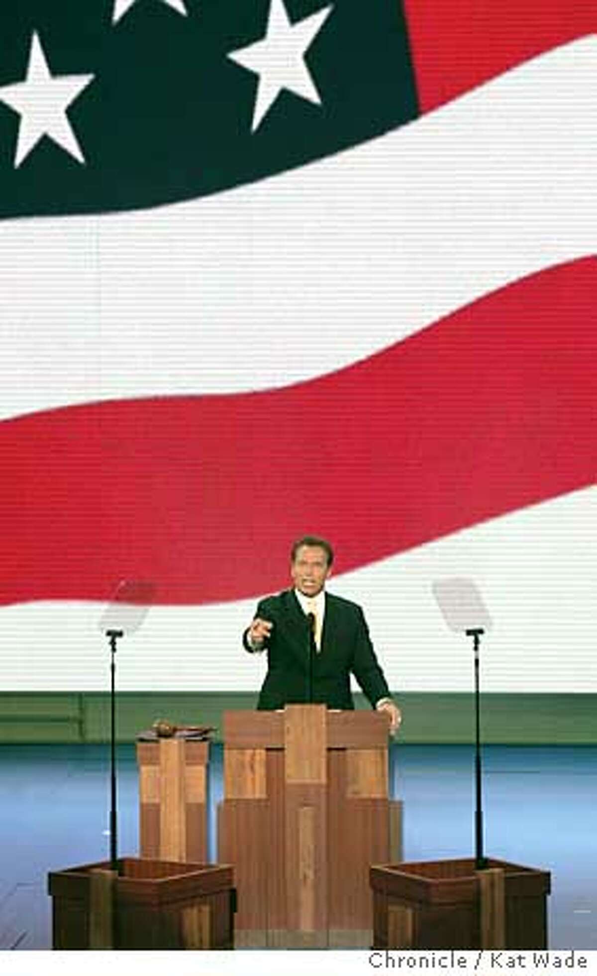 On 8/31/04 in New York, California Govener Arnold Schwarzenegger gives the key note speech during the second night of the Republican National Convention in New York. The Chronicle/ Kat Wade
