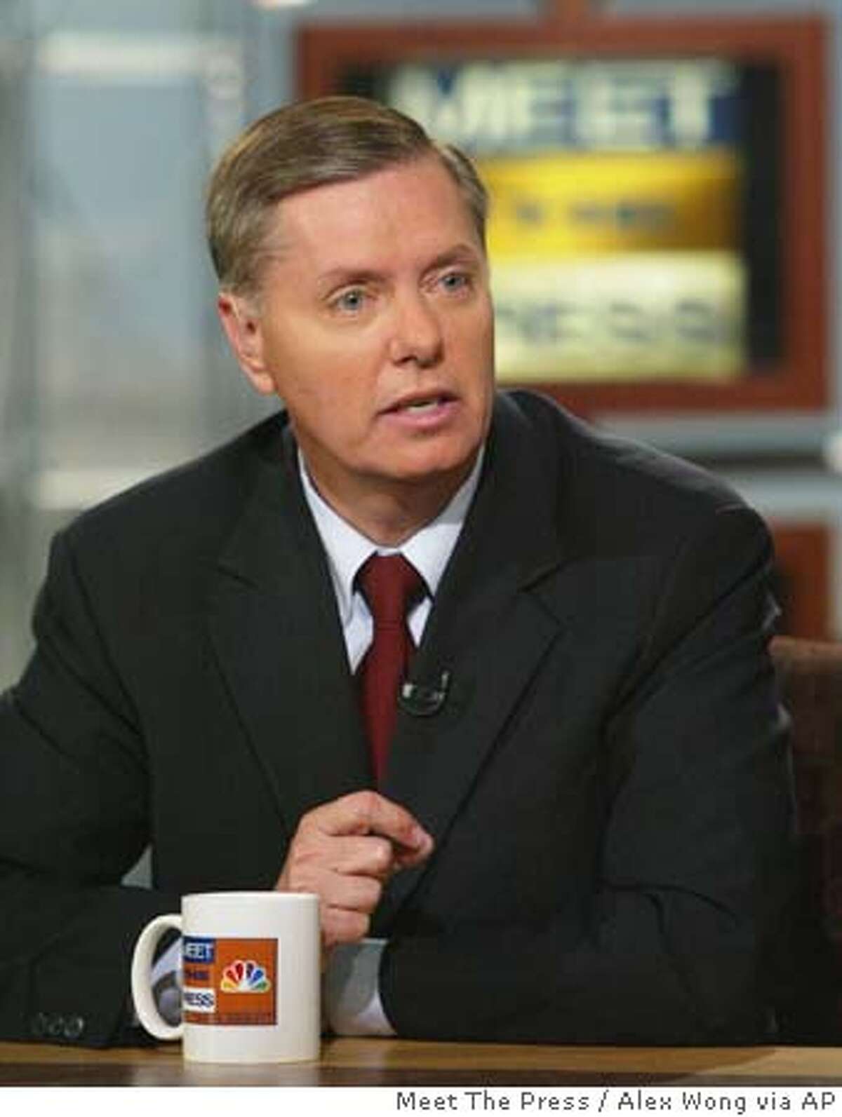 Sen. Lindsey Graham, R-S.C., talks about the Iraq prisoner abuse scandal during the taping of "Meet the Press" at the NBC studios Sunday, May 9, 2004, in Washington. (AP Photo/Meet The Press, Alex Wong) ProductNameChronicle ProductNameChronicle NO ARCHIVE BEFORE MAY 16, 2004 MUST CREDIT "MEET THE PRESS")