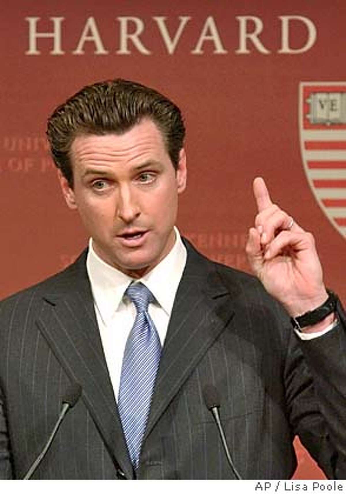 San Francisco Mayor Gavin Newsom speaks during a forum titled "Same Sex Marriage and Equality in America," at Harvard University's Kennedy School of Government, Tuesday, Feb. 8, 2005 in Cambridge, Mass. (AP Photo/Lisa Poole)