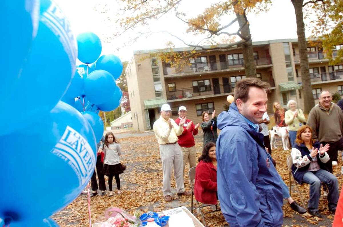 Democratic candidate for Selectman Drew Marzullo takes center stage during the get-out-the-vote rally at Armstrong Court in Greenwich, CT Saturday afternoon, Oct. 31, 2009. Democrat Lin Lavery is facing incumbent Peter Tesei in the hotly contested First Selectman race and Democrat Drew Marzullo is running against Republican David Theis for the Selectman position.
