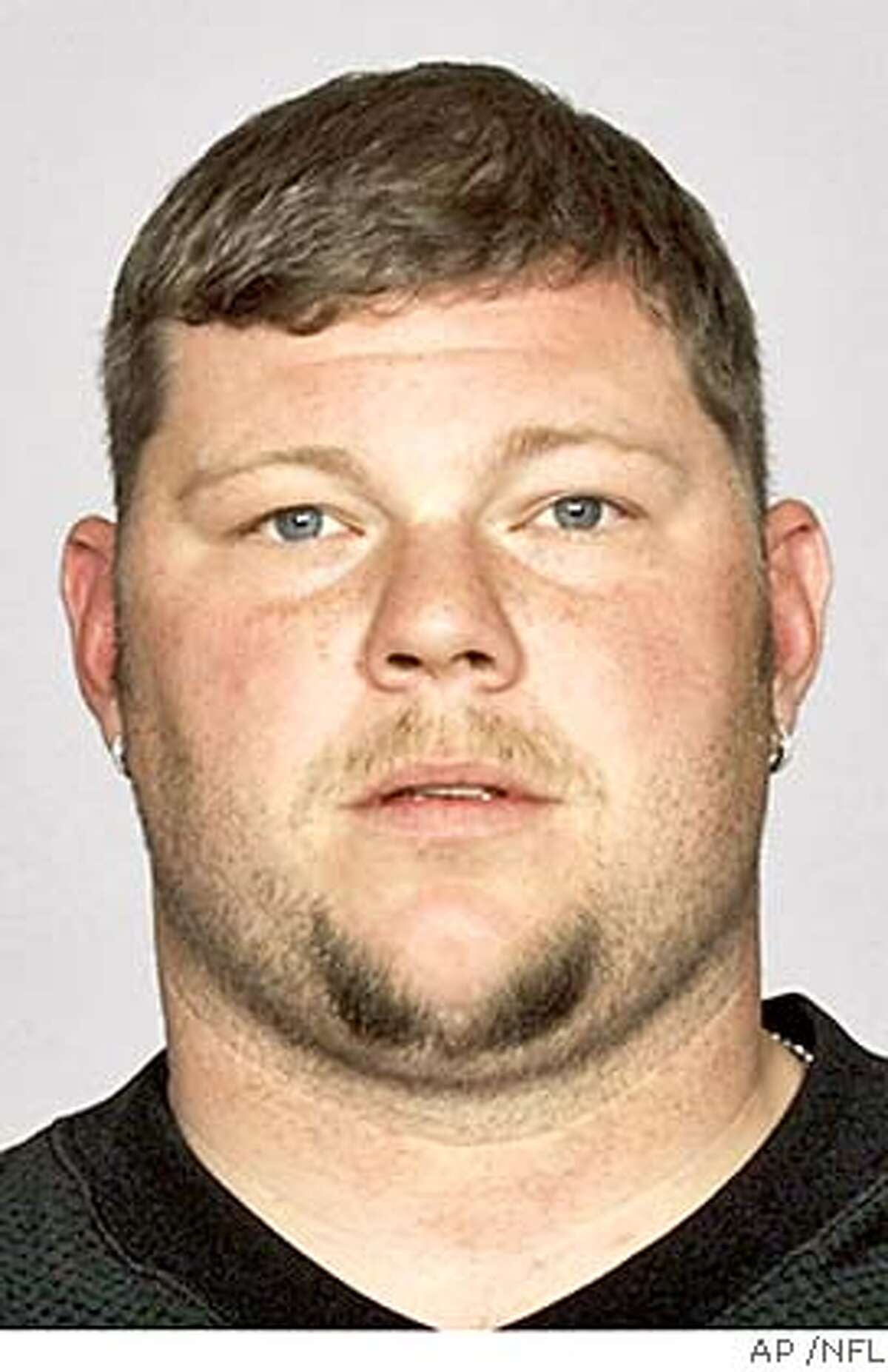 ** FILE ** Former Oakland Raiders football player Barret Robbins is shown in this 2003 NFL handout photo. Robbins was charged Wednesday Jan. 19, 2005 with three counts of attempted felony murder, less than a week after being shot during a struggle with a detective investigating a burglary call. Robbins, a former Pro Bowler, was wounded Saturday night after Miami Beach police found him inside an administrative office at a building housing a nightclub, gym and jewelry store. (AP Photo/NFL, HO) HAND OUT PHOTO MAGS OUT