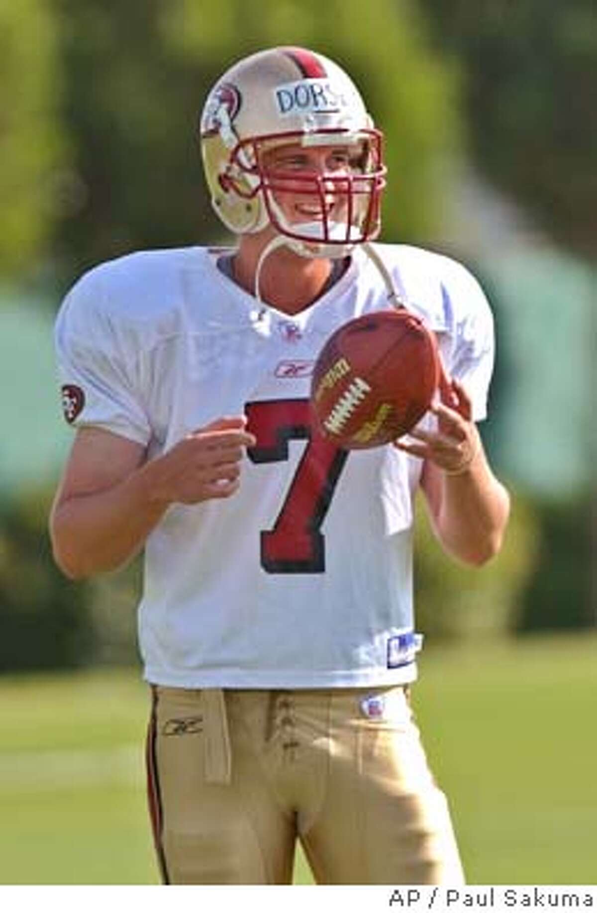 San Francisco 49ers backup quarterback Ken Dorsey plays with the football during practice at the 49ers training camp in Santa Clara, Calif., Tuesday, July 29, 2003. Dorsey was a seventh-round draft selection this year. (AP Photo/Paul Sakuma) cat