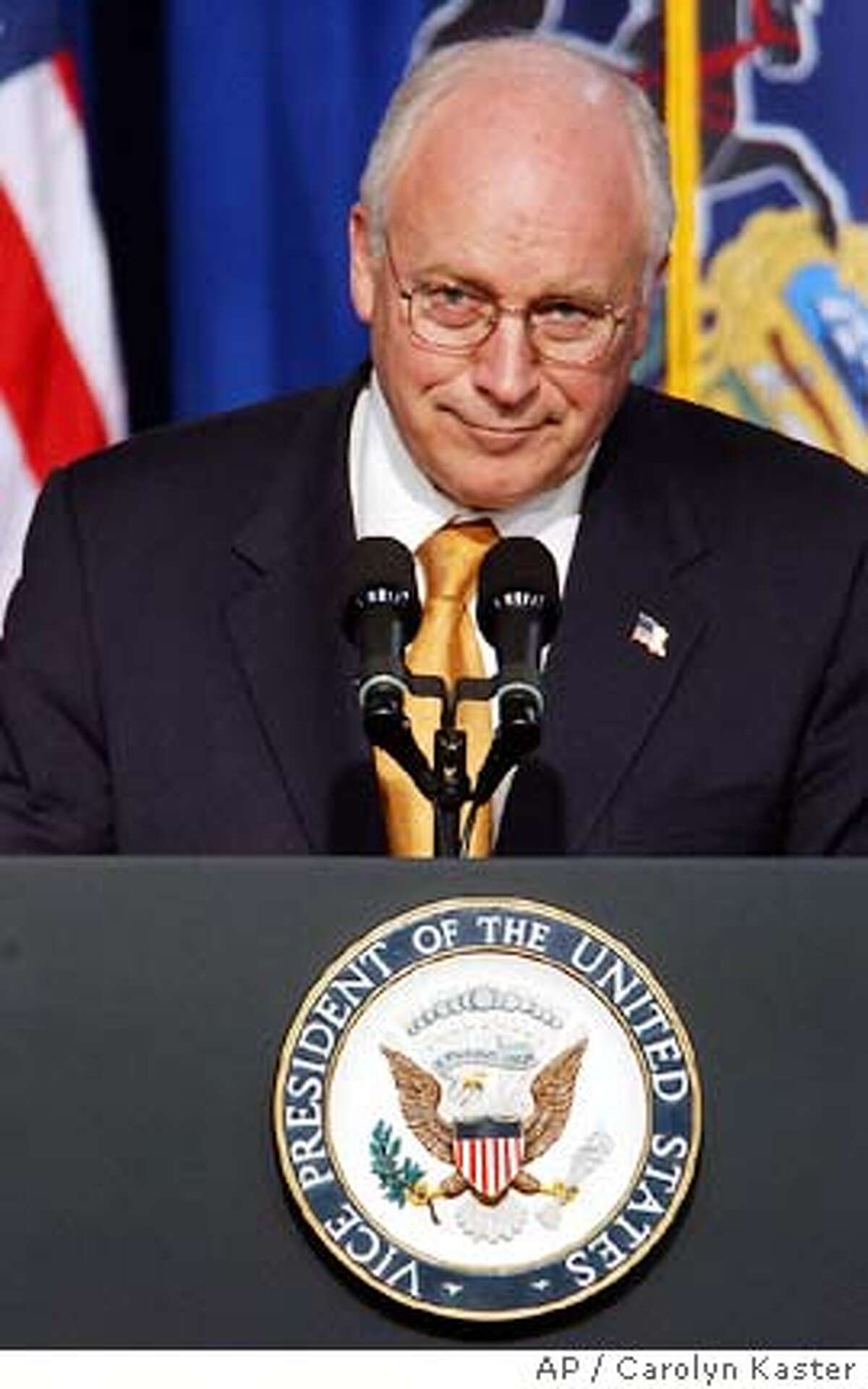 Vice President Dick Cheney pauses during his speech, Monday, July 12, 2004, in Harrisburg, PA. (AP Photo/Carolyn Kaster)