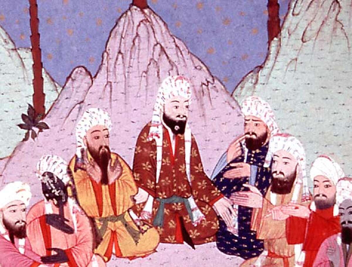 MUHAMMAD17-C-13DEC02-DD-HO Muhammad: legacy of a Prophet. pbs series. this is a 16th century painting from a Turkish manuscript. these are members of hte powerfl Quraysh tripe in Mecca, debating the growth of Islam in Medina. from the new york public library. handout from pbs.