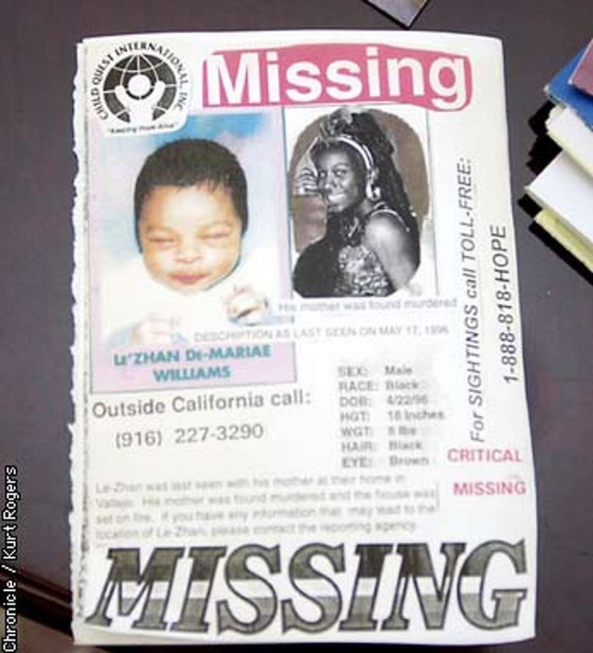 the Flyer of Le Zhan williams . The family of Daphne Boyden 17 when she was murdered and her two week old son Le-Zhan Williams was kidnapped. Celebrated the fact that Le-Zhan was found . Photo By Kurt Rogers