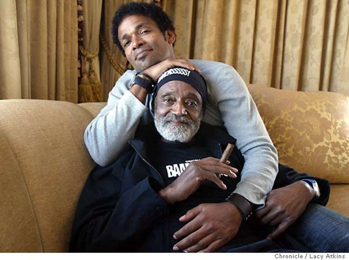 Actor Mario Van Peebles,back, and his father, film director Melvin Van Peebles,front, are in town to promote "Baadassss!," a new film made by Mario about his father's 1971 movie "Sweet Sweetback's Baad Assss Song," one of the first blaxploitation films.Tuesday April.27 2004, in San Francisco. LACY ATKINS / The Chronicle