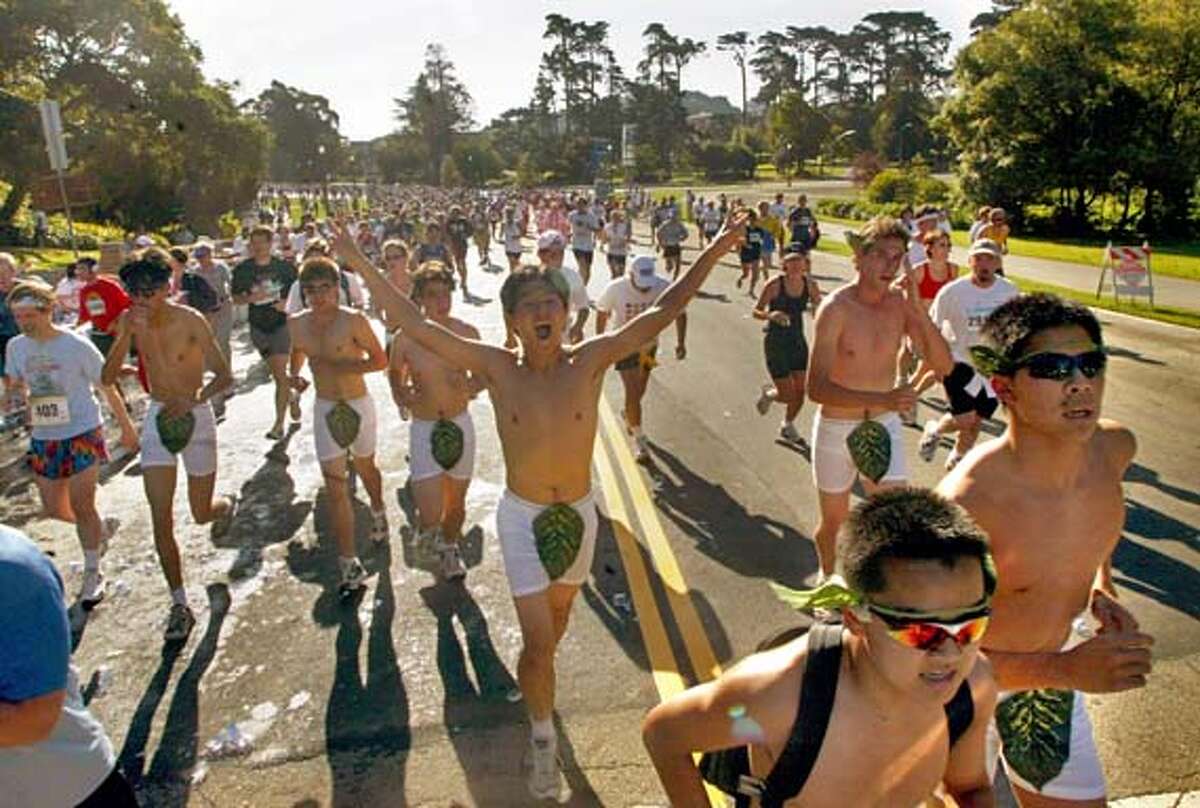 breakers048_LM.jpg Event on 5/18/03 in San Francisco. A group of runners in underwear and fig leaves runs through Golden Gate Park during the The Bay to Breakers race. LIZ MANGELSDORF / The Chronicle CAT MANDATORY CREDIT FOR PHOTOG AND SF CHRONICLE/ -MAGS OUT