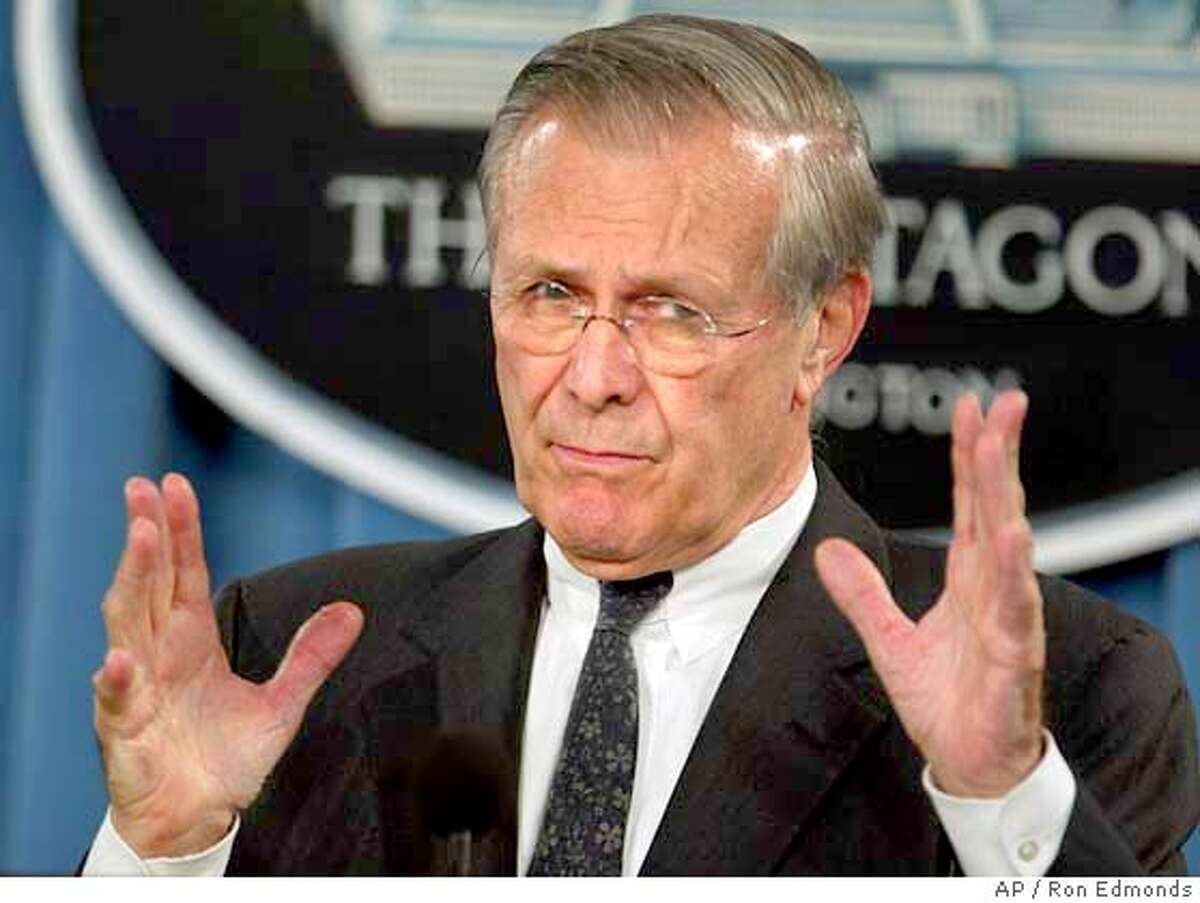 Secretary of Defense Donald H. Rumsfeld briefs reporters, Tuesday, May 4, 2004 at the Pentagon in Washington. Rumsfeld said he condemned the abuse of Iraqi prisoners by U.S. soldiers as "totally unacceptable and un-American'' and said the Defense Department would move vigorously to bring those responsible to justice. (AP Photo/Ron Edmonds)