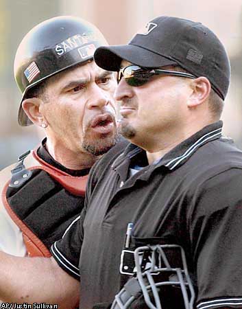 San Francisco Giants manager Dusty Baker yells at home plate umpire Mark  Hirschbeck after being ejected for arguing balls and strikes during the  ninth inning of a game against the San Diego